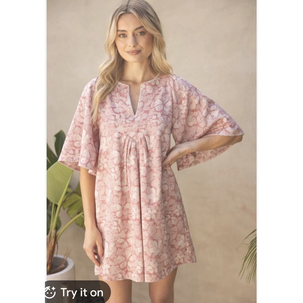 Voy Boutique Mini Dress Women's Size Large Floral Pink Embroidered Linen  Boho